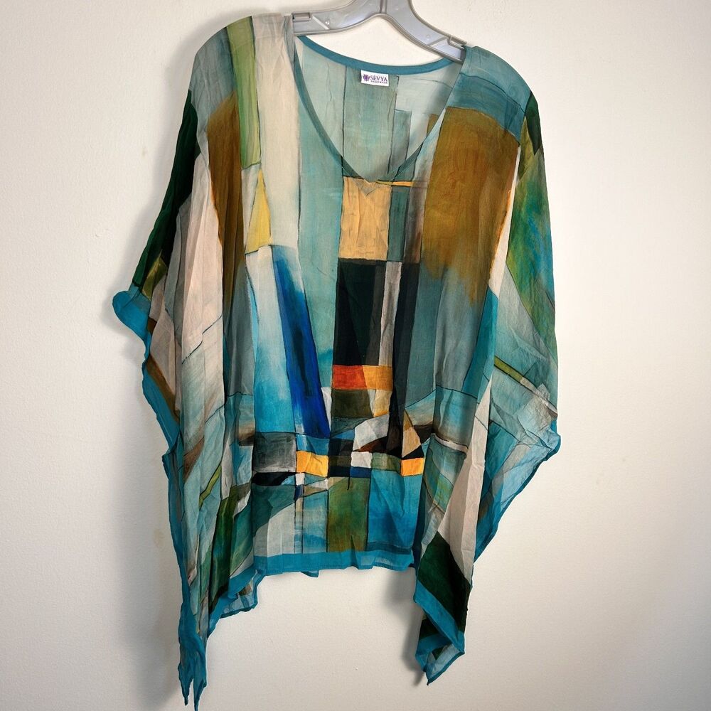 Sevya Handmade Kaftan Poncho One Size Abstract Sheer Boho Tunic Top - Picture 2 of 6